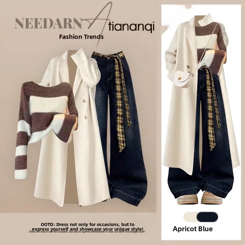 Conjunto de Dos Piezas de Suéter de Punto y Camiseta de Mezclilla Estilo Coreano, Ropa Casual de Otoño para Mujer