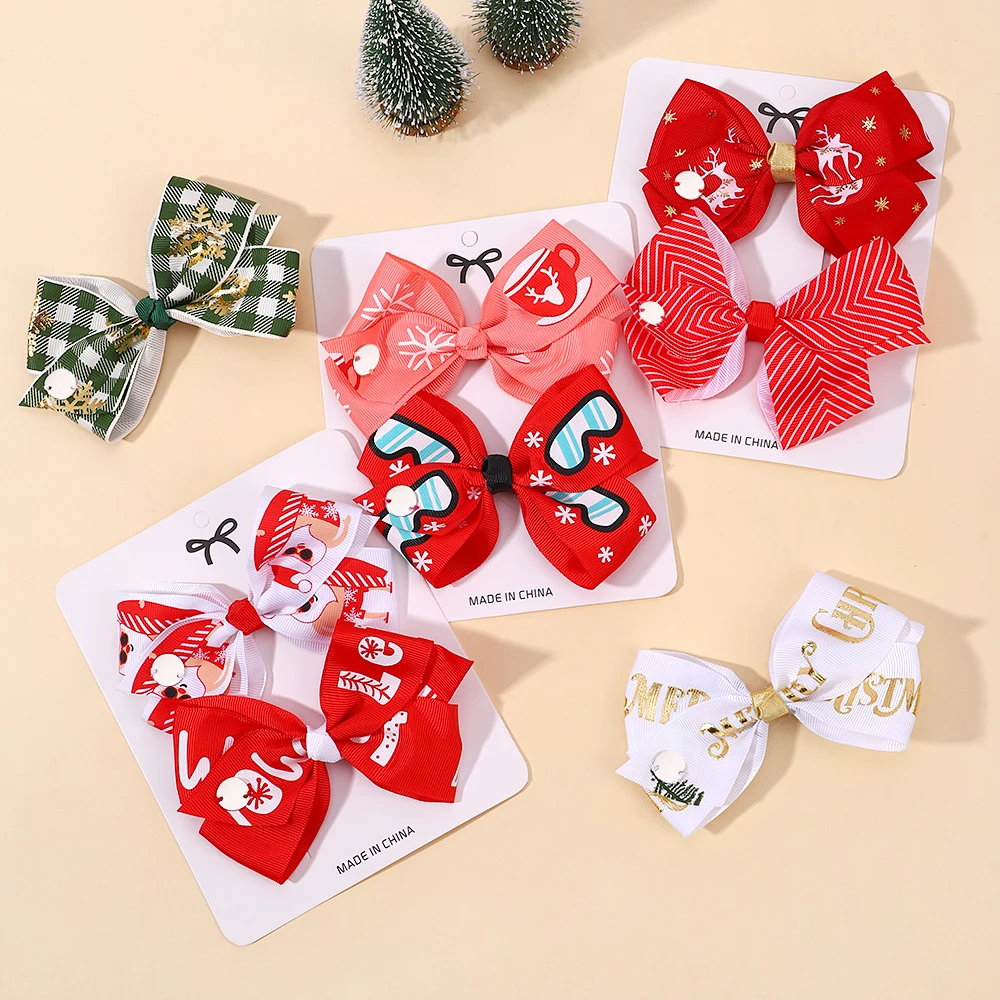 2PCS Sweet Christmas Elk Snowflake Print Hair Bow Clips for Baby Girl Sweet Ribbon Headwear Hairpins Party Hair Accessories Gift