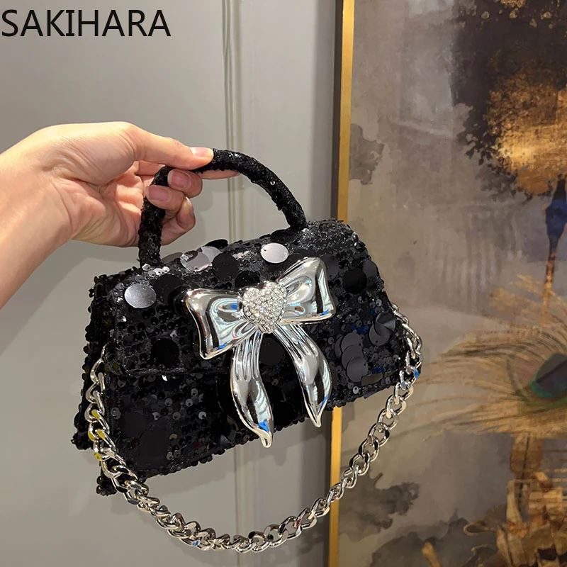 

Crossbody Bags for Women Silver Bow Fashion Sweet Y2K Solid Color Vintage Chains Designer Versatile Kpop Purses and Handbags