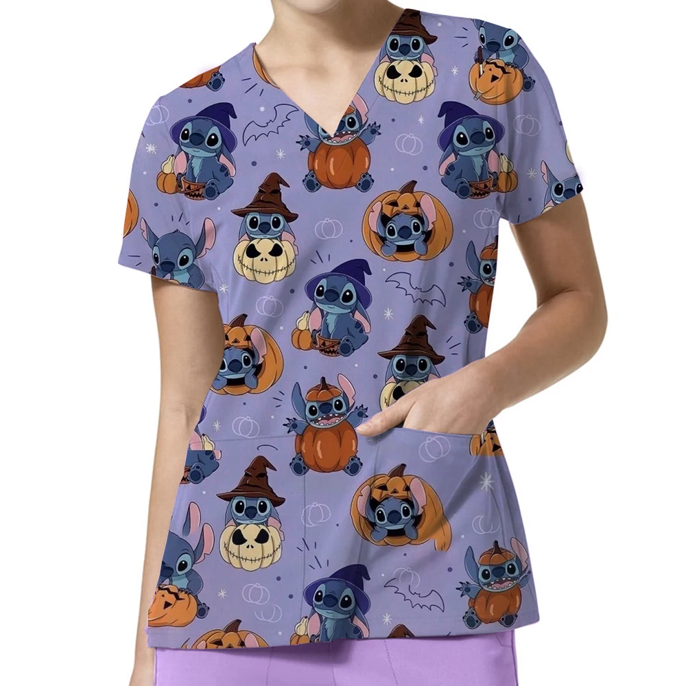 الصيف ديزني غرزة تي شيرت المرأة جيب طويل المحملة الفتيات قصيرة الأكمام ملابس المستشفى الخامس الرقبة ممرضة موحدة تي شيرت الكرتون الأعلى #5