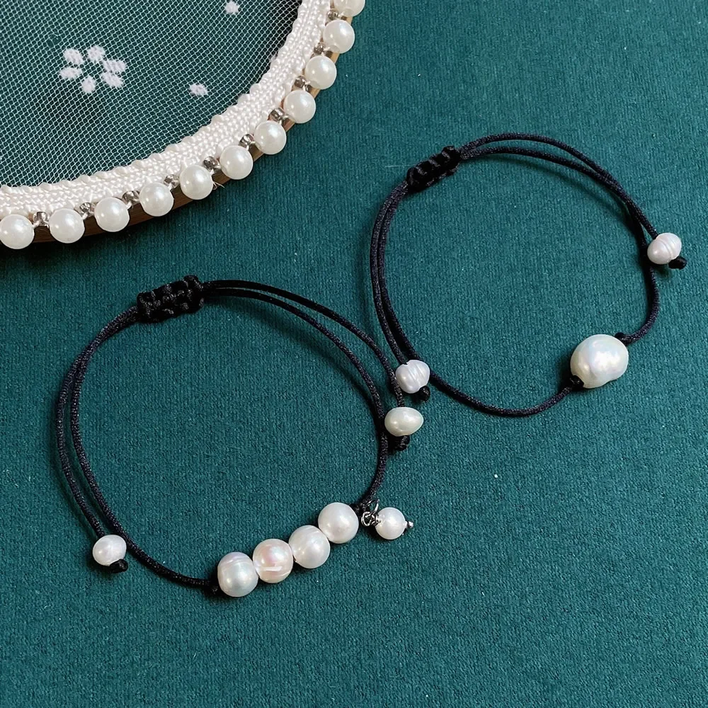 Simple Fashion Real Natural Freshwater Pearl Bracelets for Women Black Rope Chain Baroque Pearl Charm Friendship Bracelet Boho