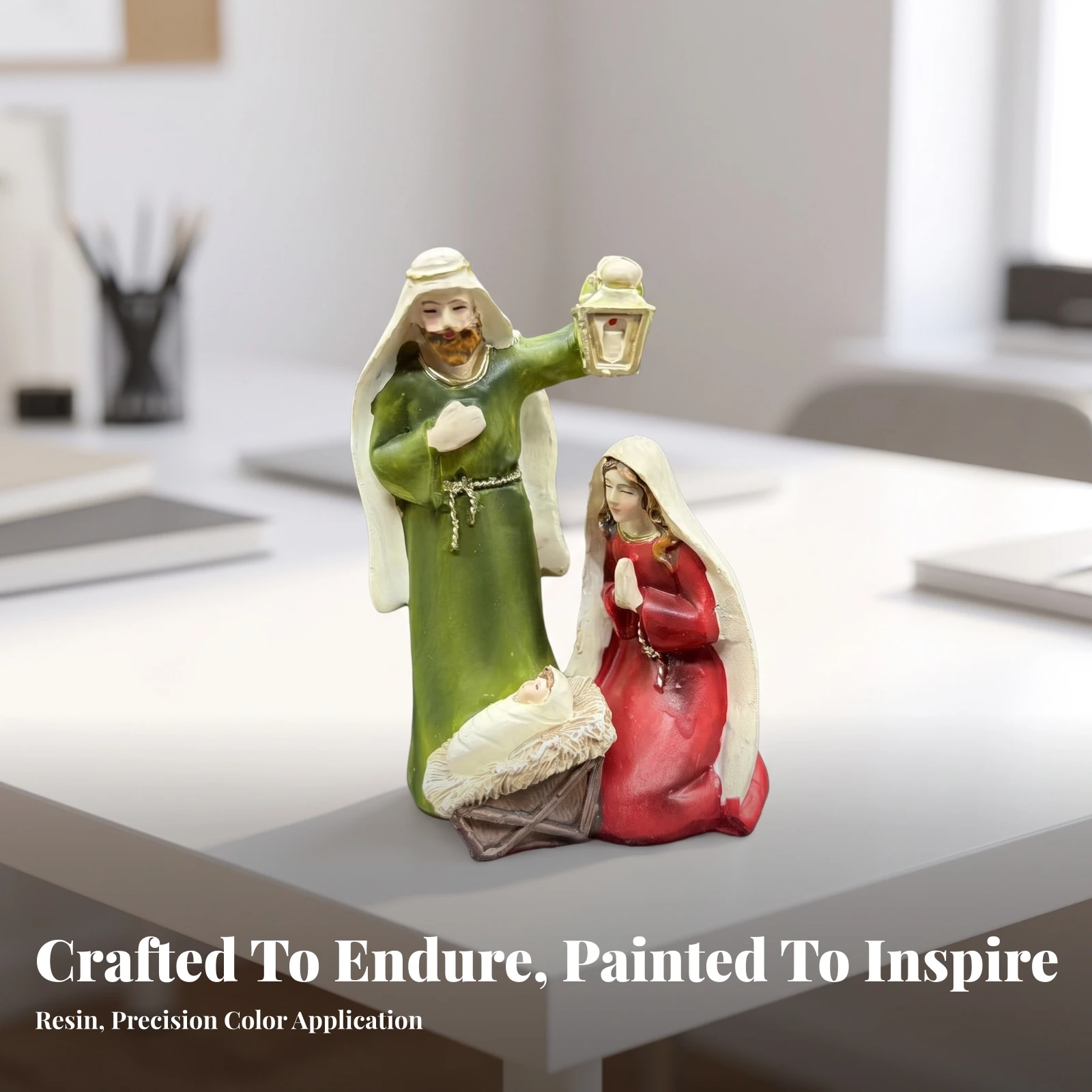 Nativity Figurine with Lantern Hand-Painted Holy Family Figurine Christmas Creche Compact Statue Holiday for Collectors, Mantel