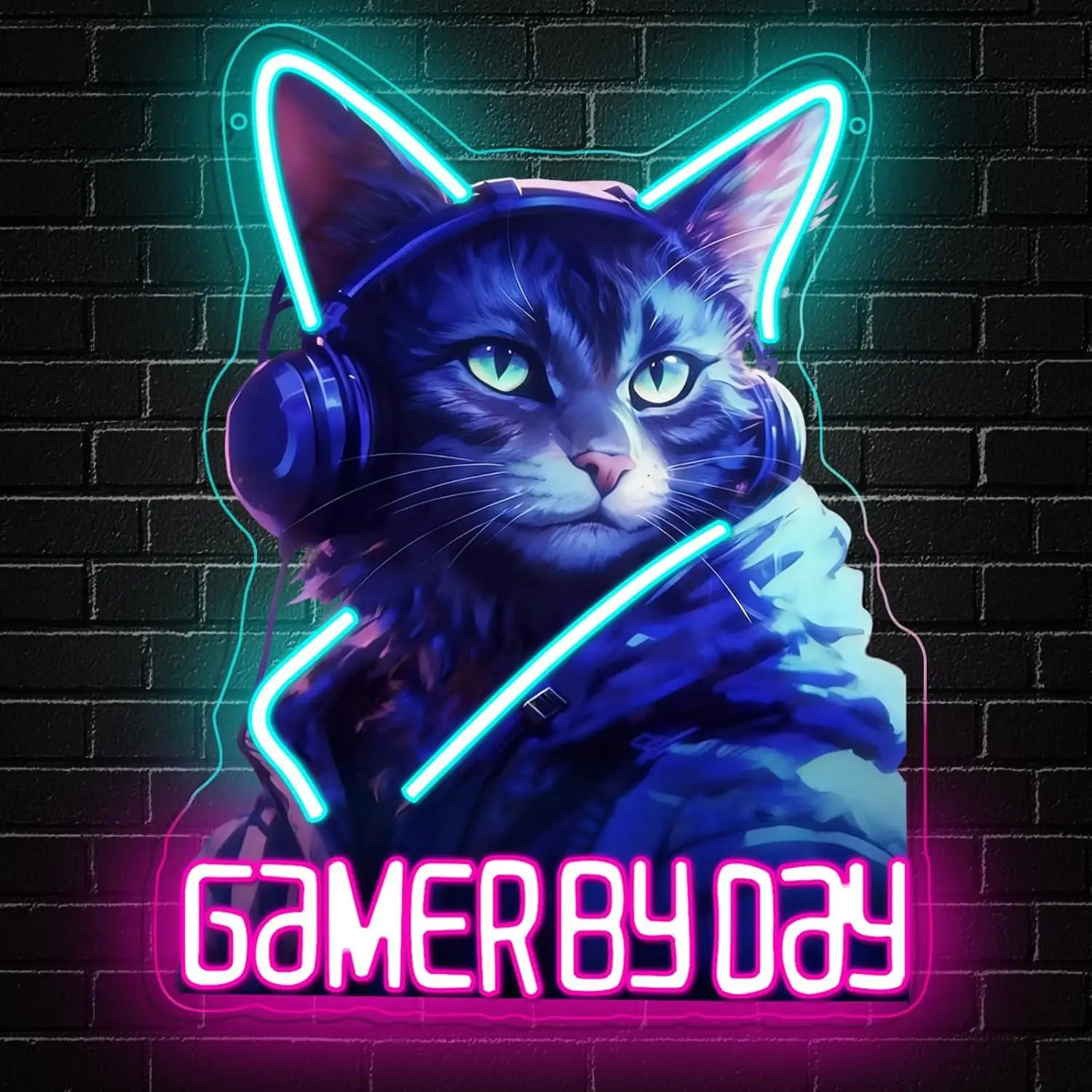 Gamer By Day Cat Neon Sign USB Dimmable LED Light for Game Room Man Cave Bedroom Bar Aesthetic Wall Decor Personalized Gifts