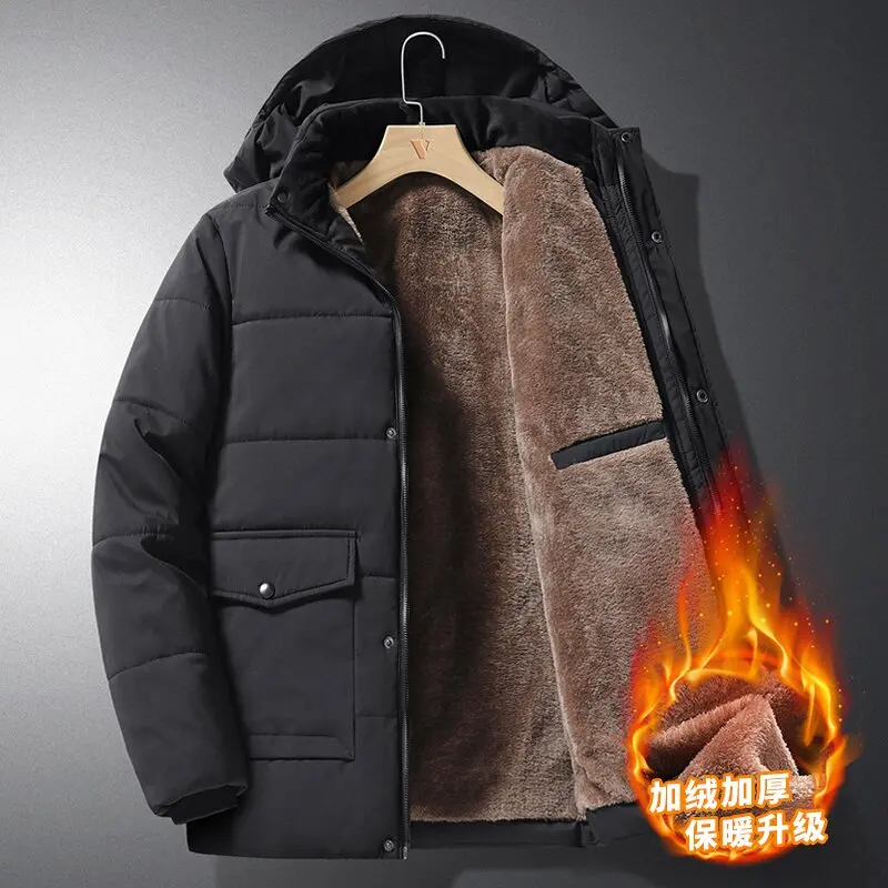 2024 Winter New Fashion Solid Color Plus Fleece Thick Warm Cotton-Padded Jacket Men's Casual Loose Comfortable Large Size Coat