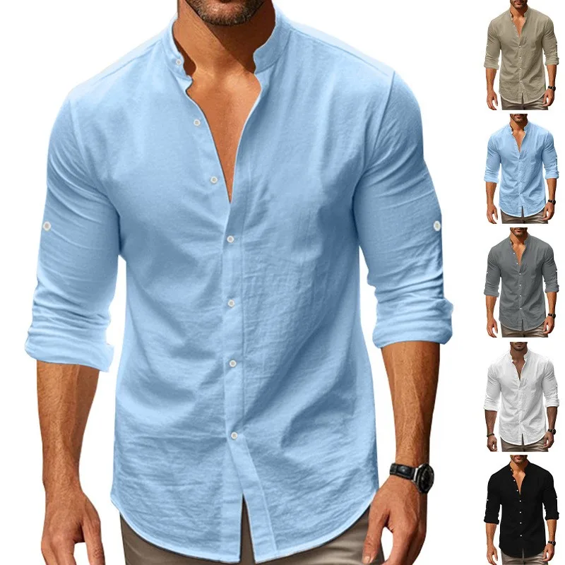 

Men's Shirt Linen Cotton Non-iron Shirts Regular Fit Long Sleeve Mandarin Collar Casual Shirt Solid Color Button Front Slim Fit