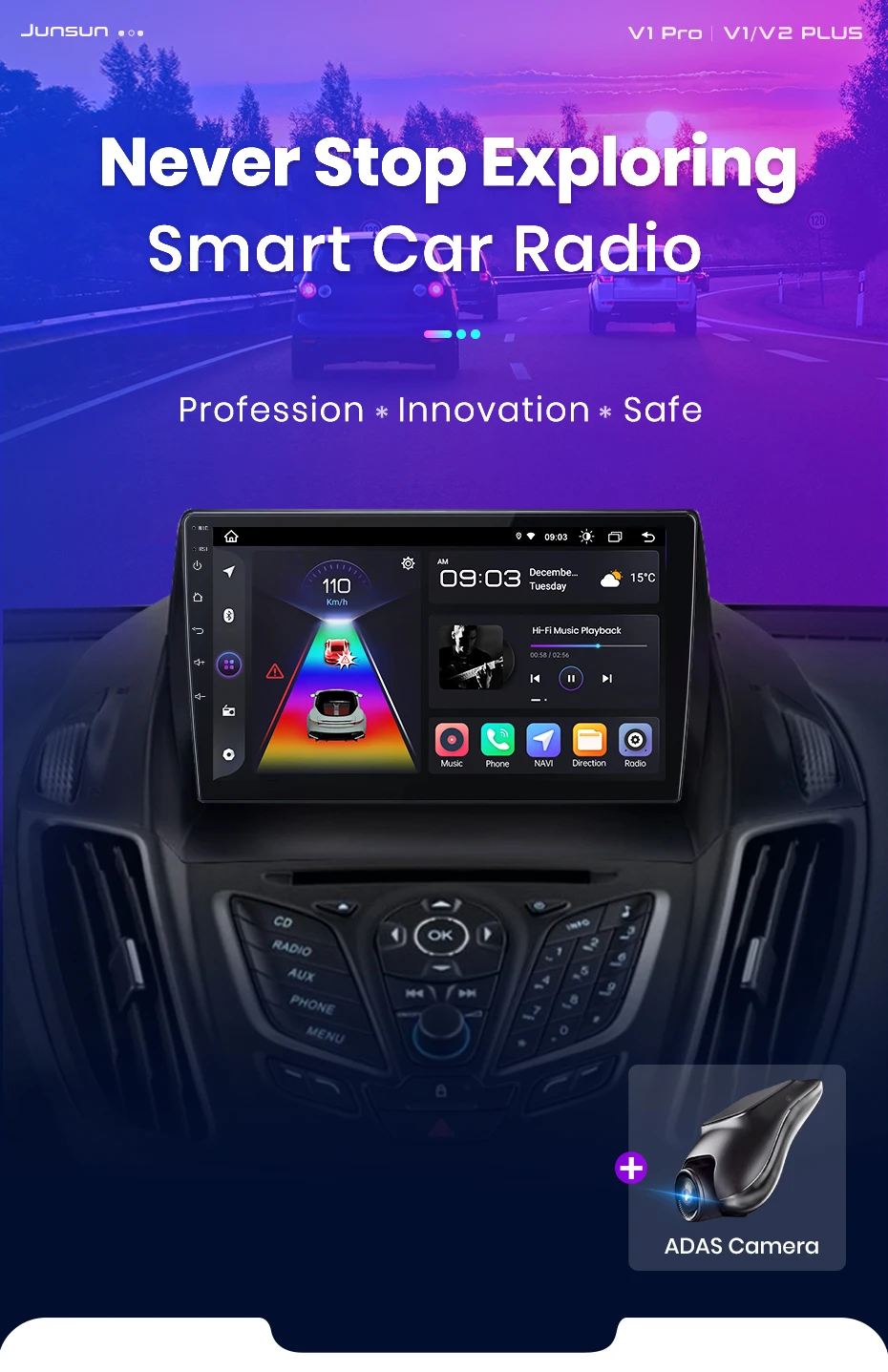 Junsun Drahtlose CarPlay Android Auto Auto Radio Für Ford Escape Kuga 2 C-MAX 2013-2016 GPS Multimedia 2din System – Detail 4