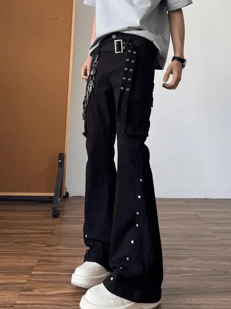 

American Vibe Street Sle Bell Bot Jeans Men's Clean Fit with Belt Workwear Denim Pants Middle Waist Zipper Closure