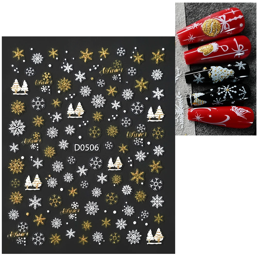 5D Goldern Glitter Kerst Sneeuwvlok/Bell Nail Art Sticker 8*10 cm Reliëf Glanzende Elanden, Bell, Sneeuwvlok Nail Decal DIY Xmas Slider