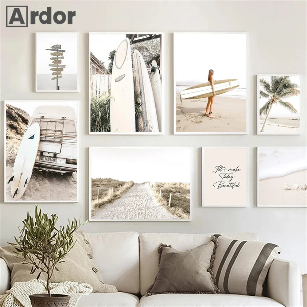 

Ocean Beach Surfboards Wall Art Print Palm Tree Poster Beige Landscape Canvas Painting Nordic Wall Pictures Living Room Decor
