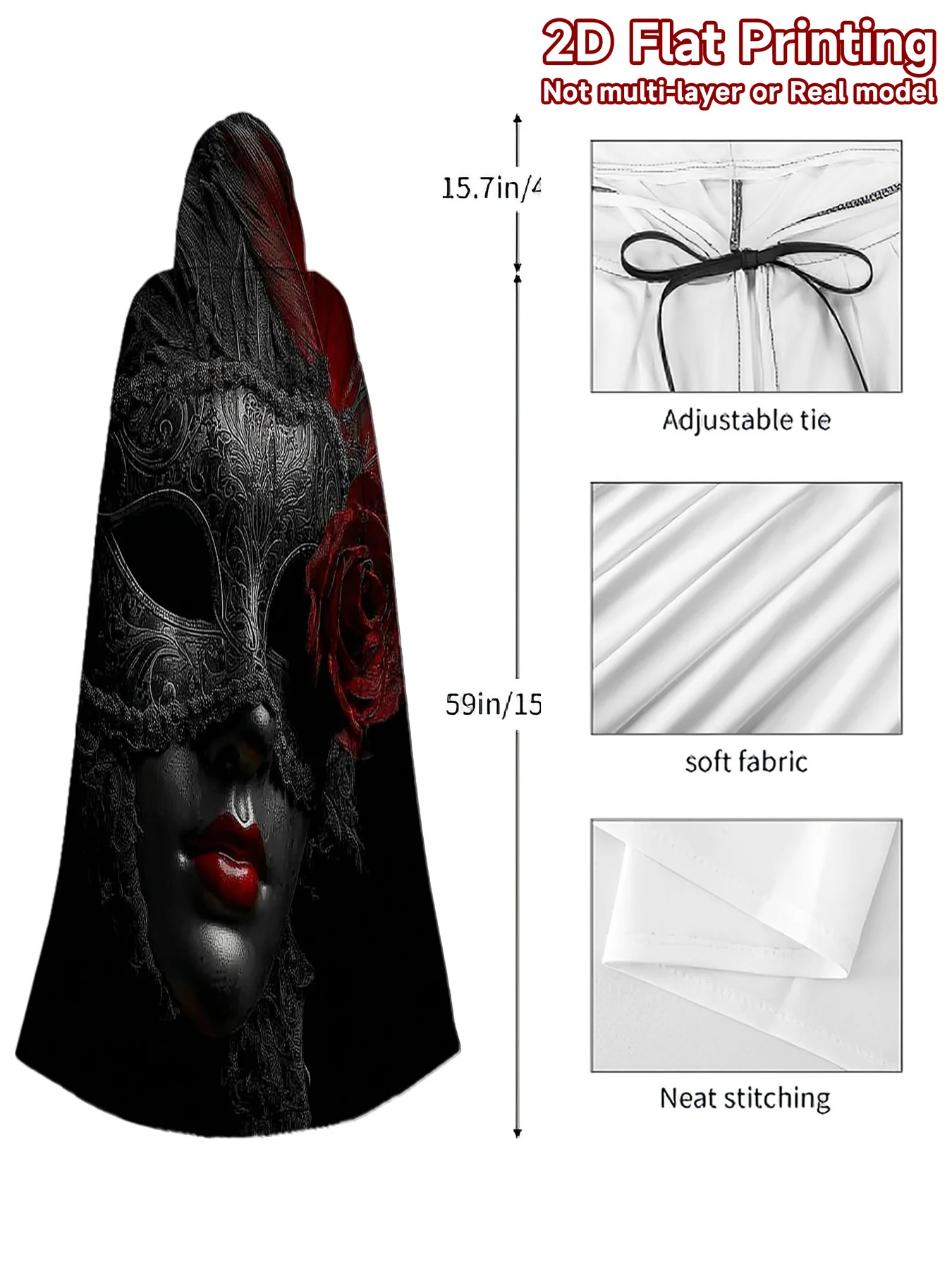 1pcs Retro Full-Body Rose Hooded Robe Mask Costume Cloak Hooded Capes with Masquerade Mask, Machine Washable