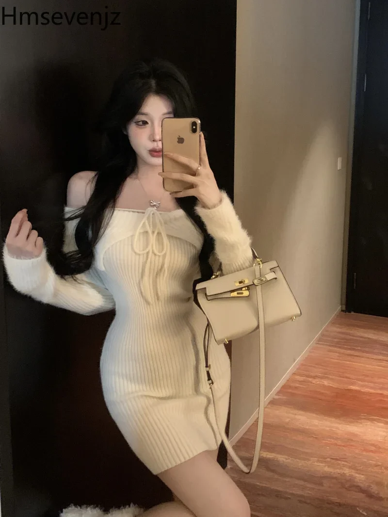 Vestidos de malha de mangas compridas para mulheres, um ombro, laço, sexy, garotas doces, camada interna, quadril wrap, vestido curto fino, primavera