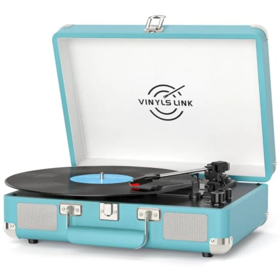 

Portable 3-Speed Vinyl Record Player with Bluetooth Bass Control and Built-in Speakers in Blue for Home or Travel Use Belt-Driv