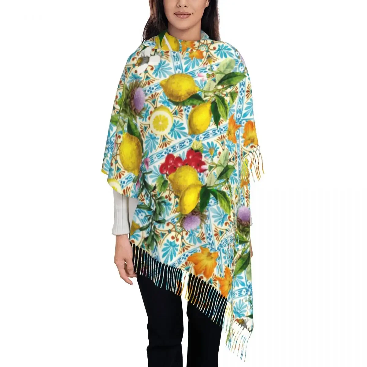 Sicilian Lemons And Romantic Tiles Tassel Scarf Women Soft Citrus Fruit Painting Shawls Wraps Lady Winter Scarves