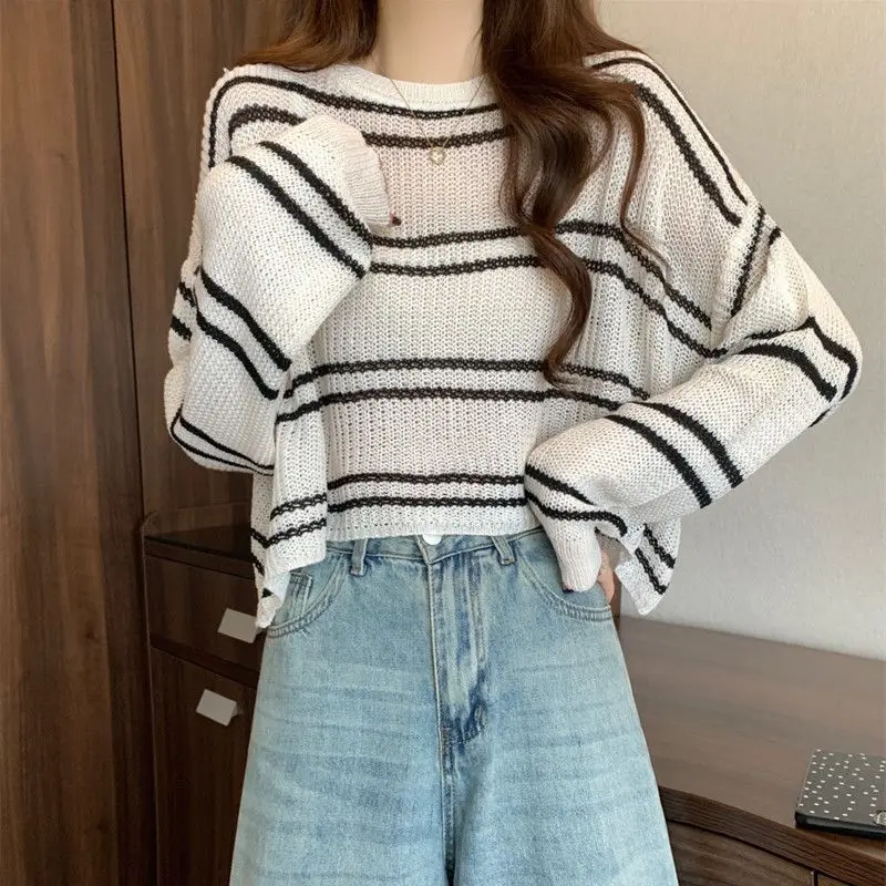 

Lazy Wind Leisure Versatile Street Commute Hollow Out Stripe Sunscreen Ice Silk Knit Loose Women's Top Spring Autumn New 2024