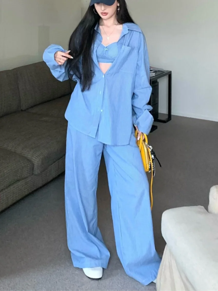 

Alien Kitty Summer High Street Suits Women New Stripes 2025 OL Elegant Sunscreen Shirts With Camis Slim Casual Mopping Pants