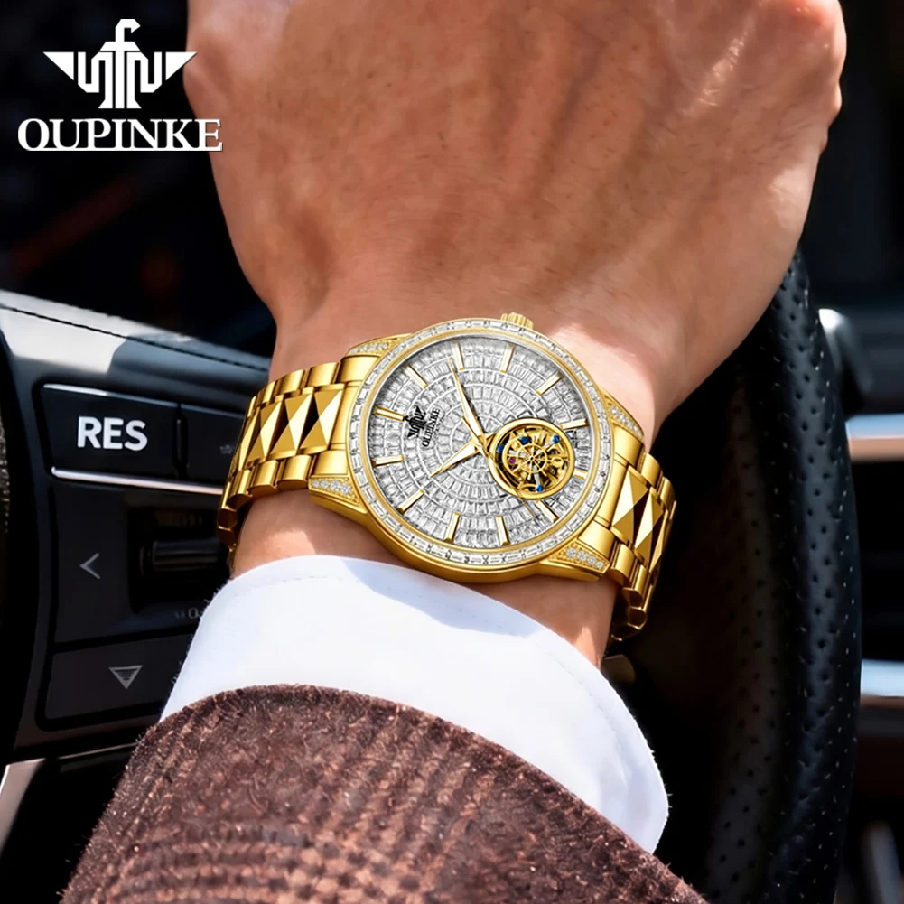 OUPINKE 3321 Full Diamond Hollowed Flywheel Men's Watches Luxury Gold Tungsten Steel Automatic Mechanical Wristwatch for Man