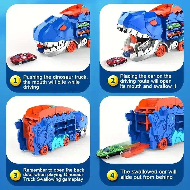 Transport Dinosaur Truck with Portable Foldable Sliding 25Inch Race Track Transforms into Standing T-rex with 4 Die-cast Toy Car