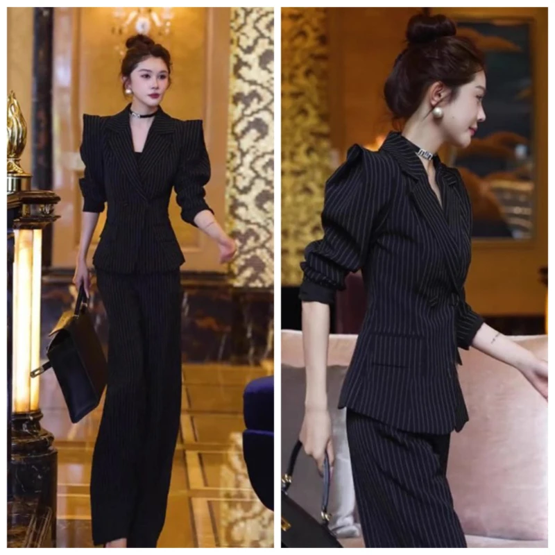 

Spring Autumn New Popular Light Luxury High-end Femininity A Complete Set of Black Striped Suits Temperament Professional Suits