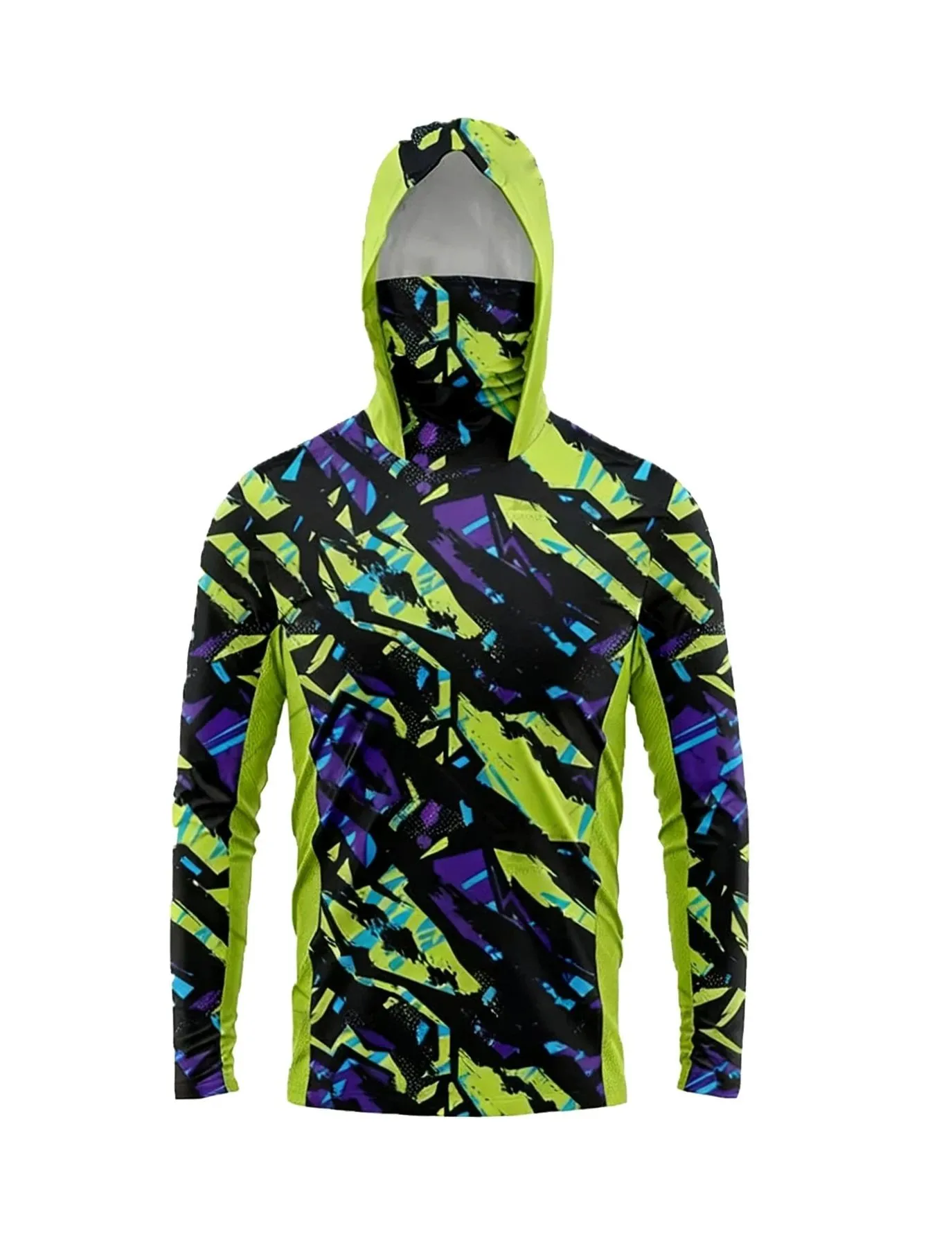 Outdoor Hunting Fishing Hooded Shirt Men UPF50 UV Protection Camouflage Splice Built‑in Face Cover Quick‑Dry Long Sleeve Tops