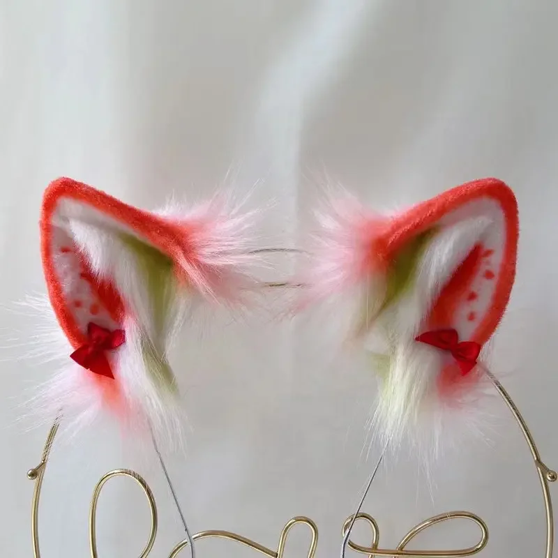 Custom Hand Made Work Halloween Simulation Beast Strawberry Pink Fox Ears Hairhoop Headwear for Cosplay Costume Accessories