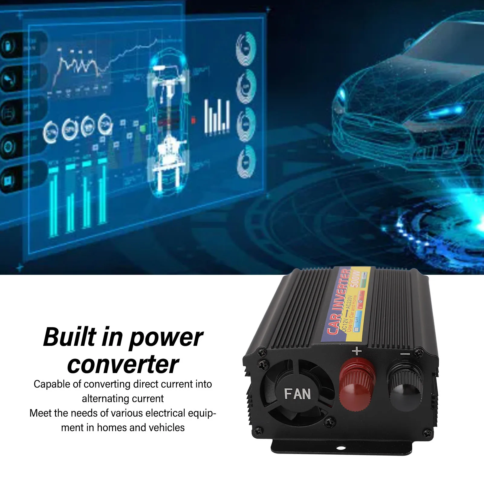 

500W Car Inverter 12V DC to AC Power Inverter with Work Indicator Light Switch Button Voltage Current Temperature Islanding