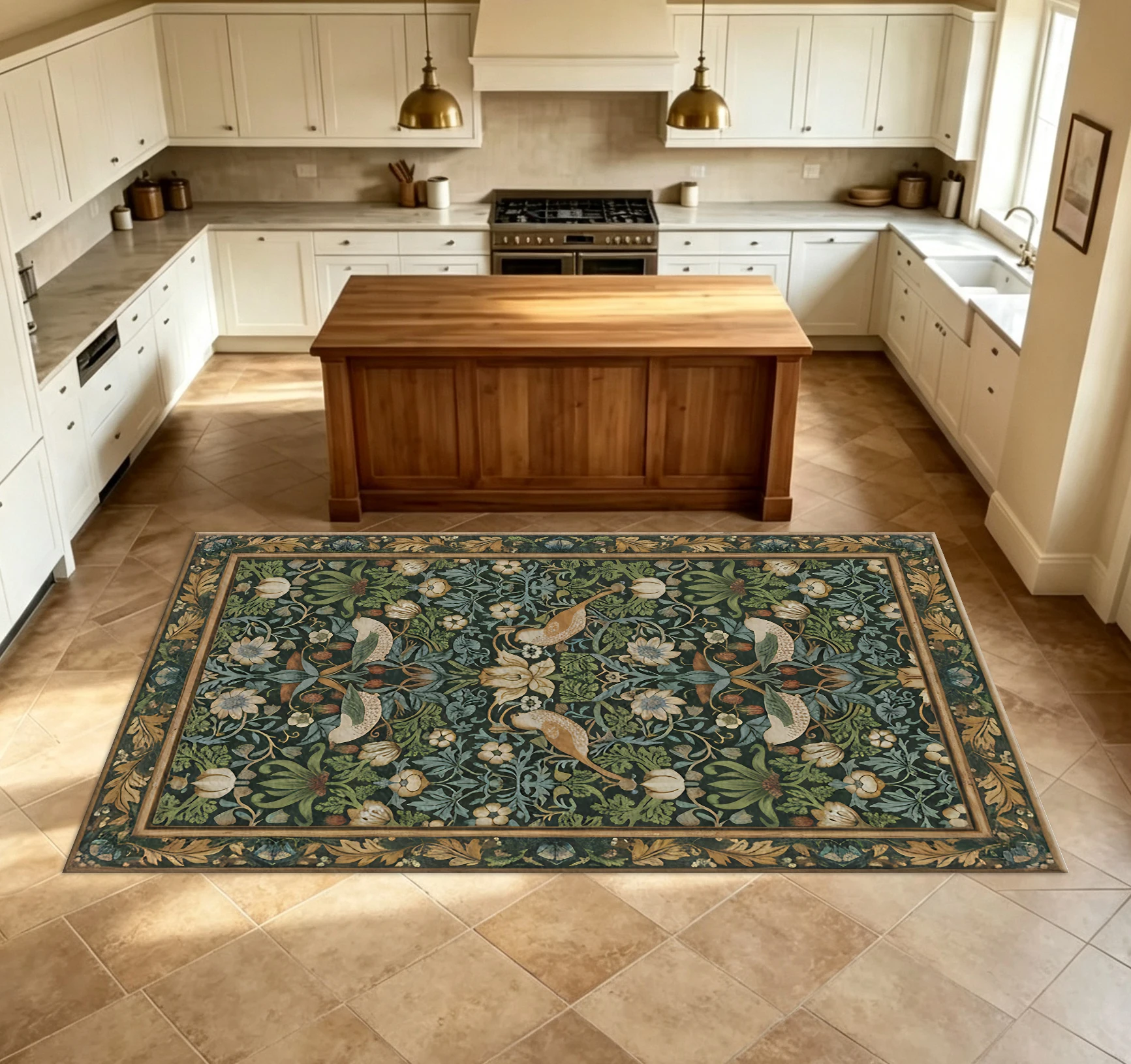 William Morris Vintage Floral and Bird Pattern Carpet, Antique Plant Pattern Decorative Border Non-Slip Rug, Suitable for Living Room Home Decor