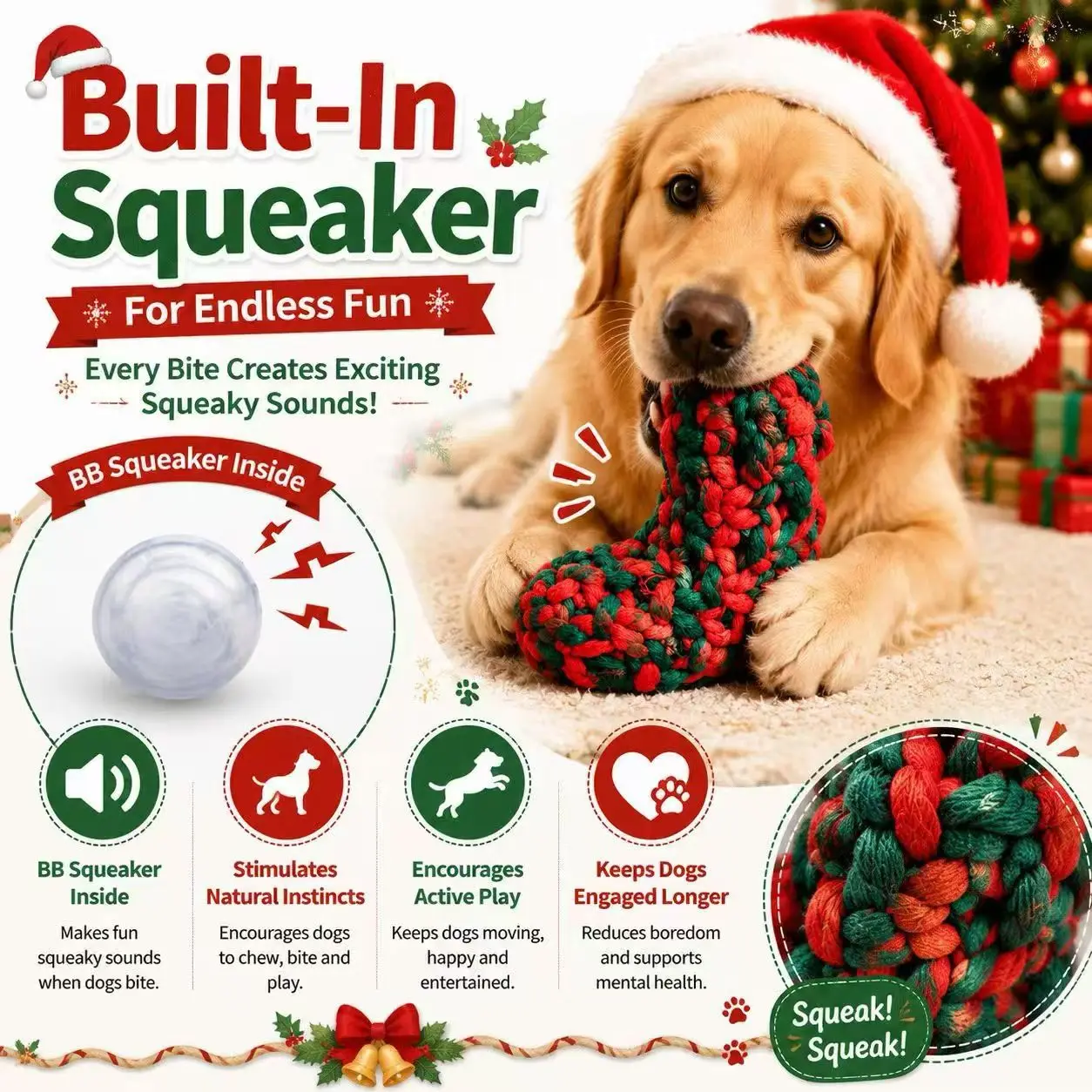 Pet Dog Christmas Boot Toy Squeaky Chew Treat Dispensing Puzzle for Small Medium Dogs Durable Woven Fabric Interactive Play