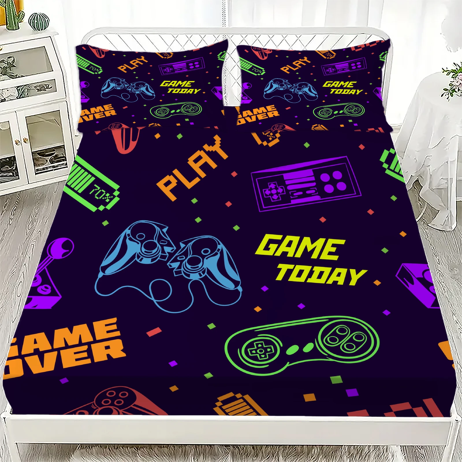 3D Game Controller Fitted Sheet Set For Boys Bedroom Decor Single Twin Queen Size Skin Friendly Washed Cotton Fitted Sheet
