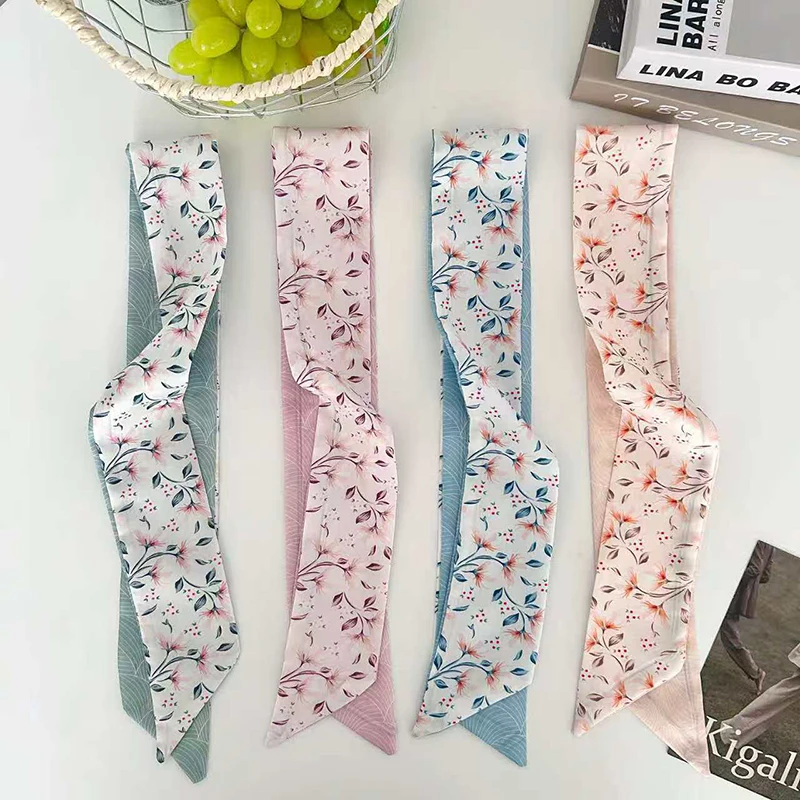 

Luxury Floral Print Tie Painting Silk Scarf Women Long Ribbon Skinny Bag Handle Ribbon Scarves Lady Spring Neckerchief Hairband