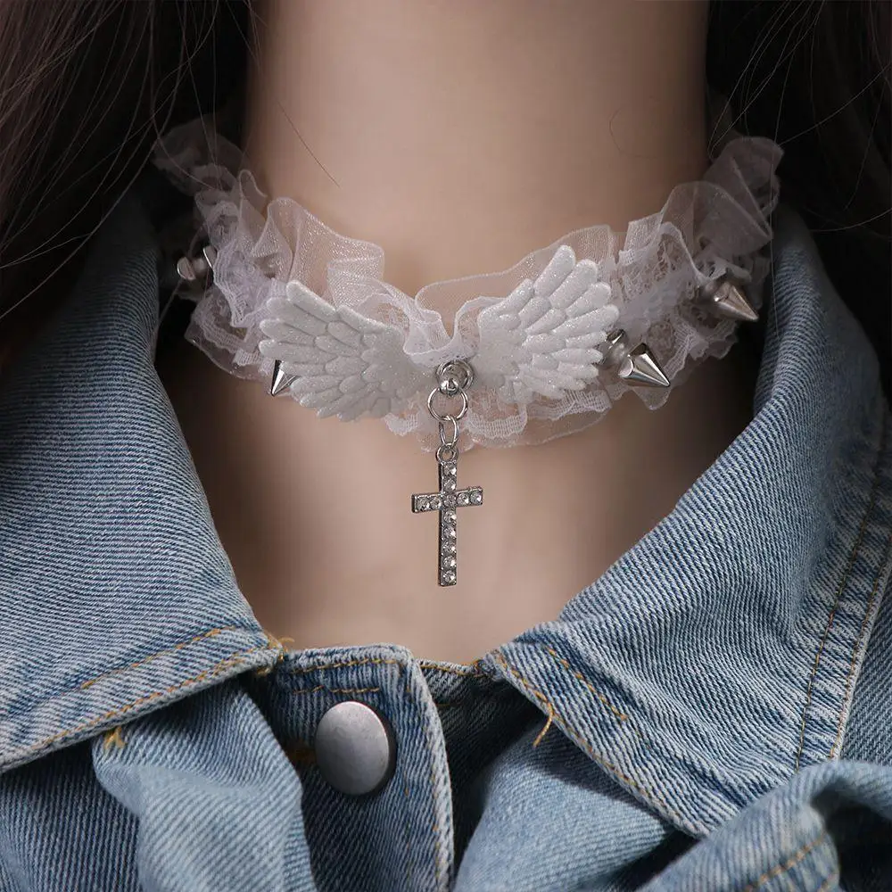 Lolita Solid Color Women's Necklace Angel Wings Wide Lace Lace Choker Delicate Punk Style Leather Necklace Gift