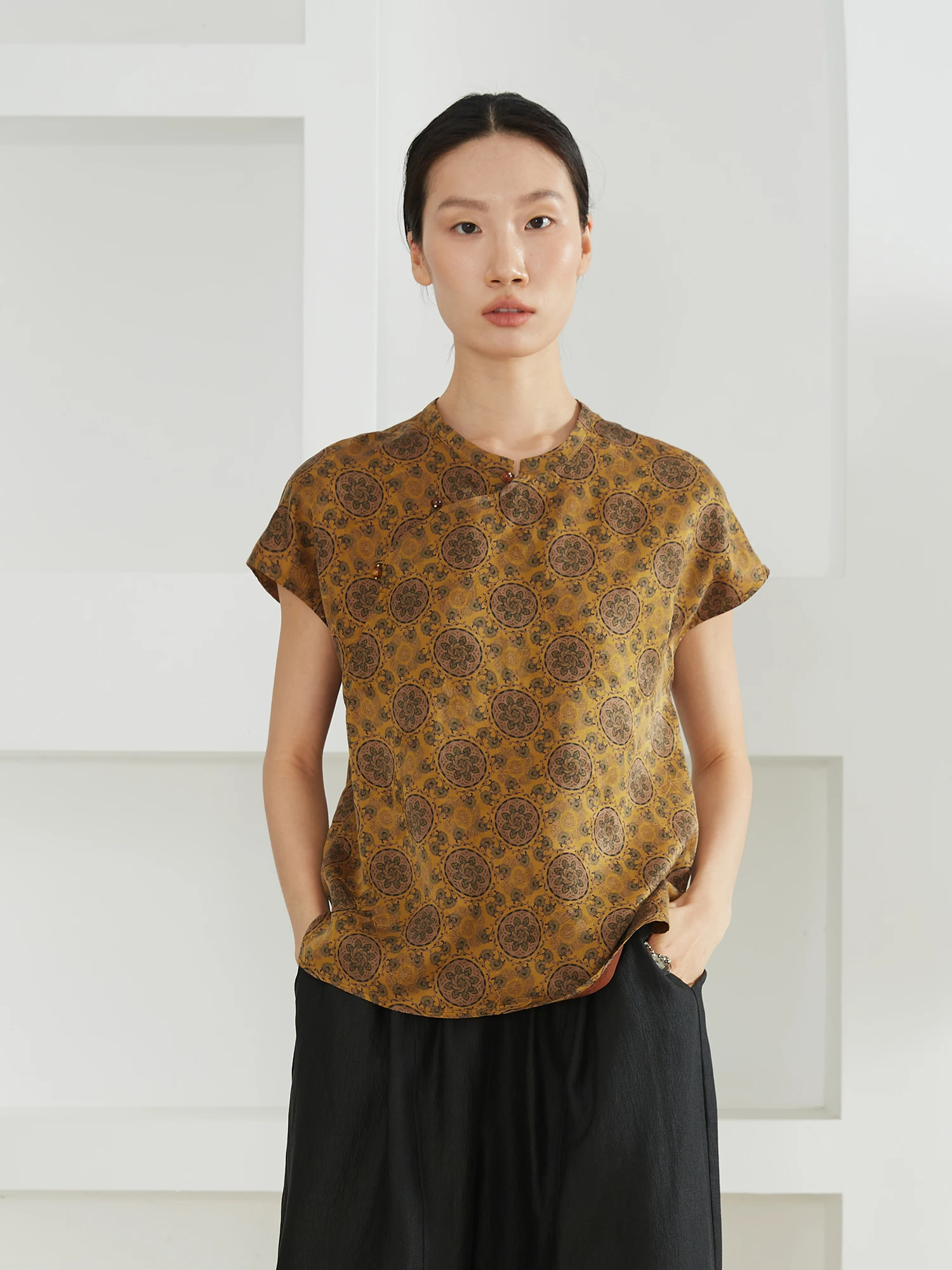 

Silk Short Sleeve Shirt Women's 100% Silk Stand Collar New Chinese Style Summer Top Original Design Straight Tube