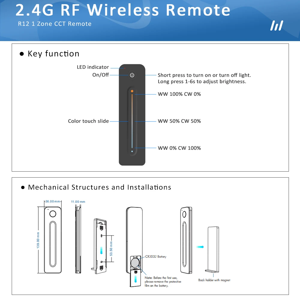 COB CCT LED 스트립 조명, 더블 컬러 화이트 플렉스 리본, WW CW 조도 조절 테이프 램프, RF 원격 제어 컨트롤러 키트 조명, 12V