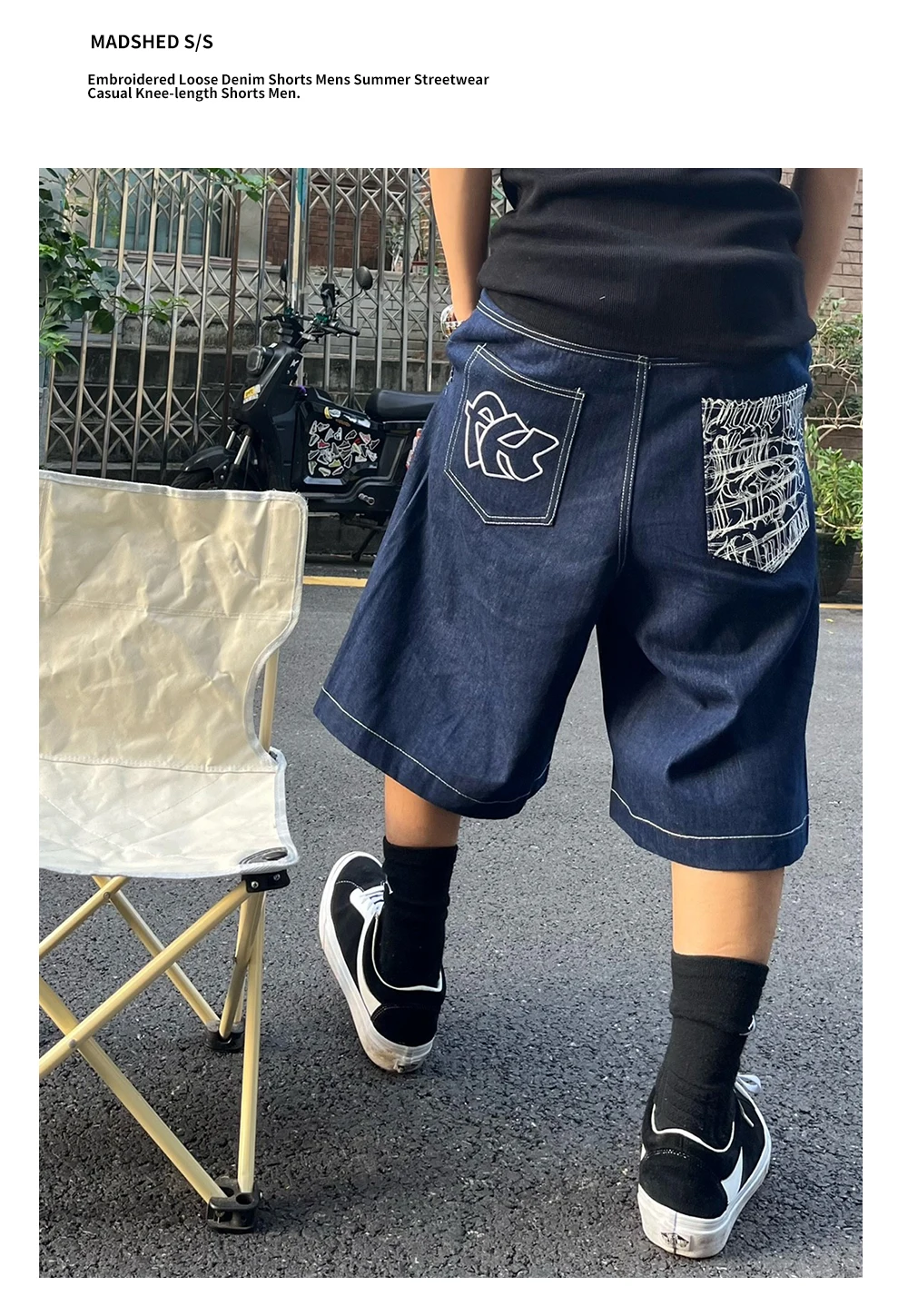 Bestickte lose Jeans shorts Herren Sommer Streetwear schwarze knielange Jeans shorts – Detail 6