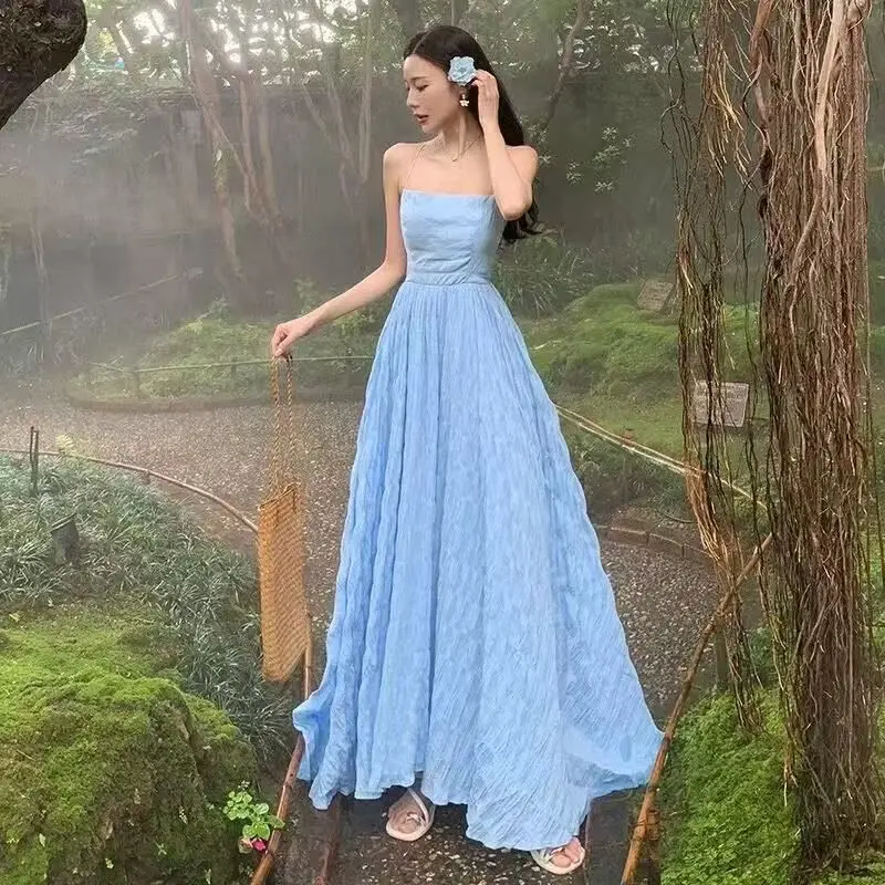 

Summer Wave Blue Pure Desire Holiday Backless Waist Cinching Long Dress Maxi Skirt Outdoor Style Three Quarter Sleeve Citywalk