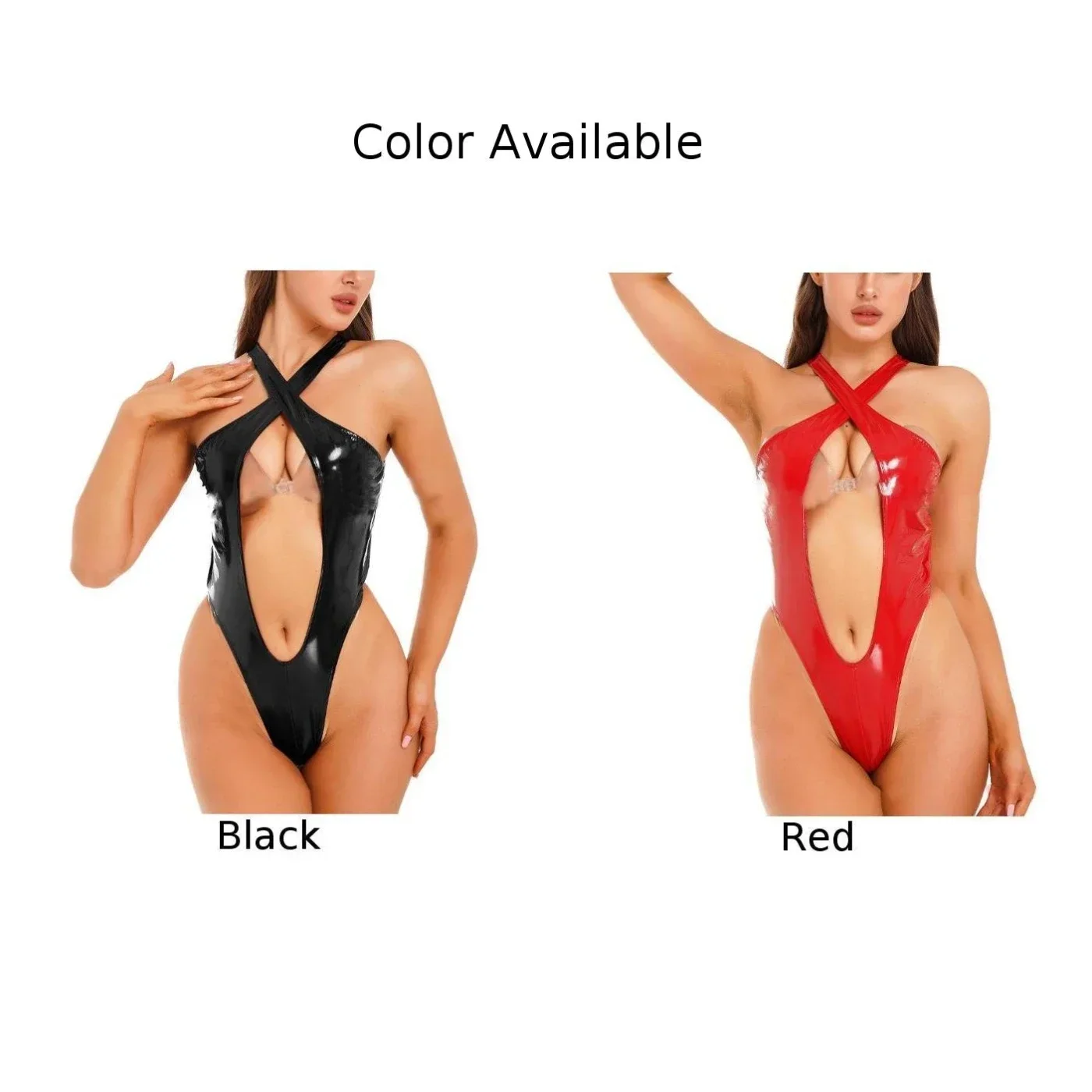 Bodysuit biasa Bodysuit wanita seksi kulit paten sedikit melar warna Solid terlihat basah Bodysuit Backless nyaman