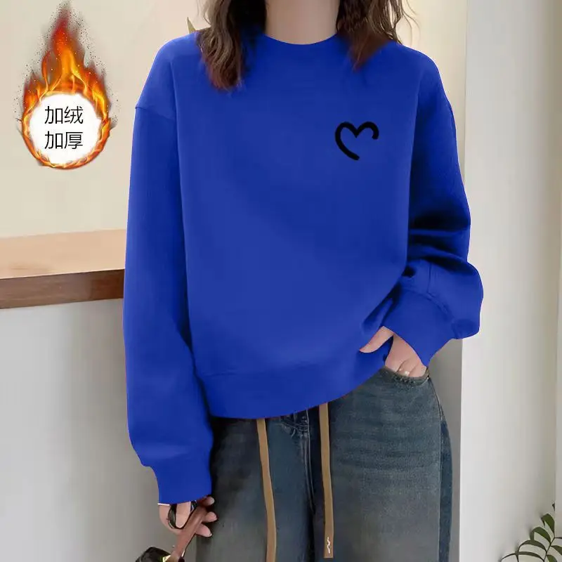 Simplicity Fashion Autumn Winter Women Printing Letter Plus Velvet Thicken Korean Casual Long Sleeve Pullovers Sweatshirts Tops