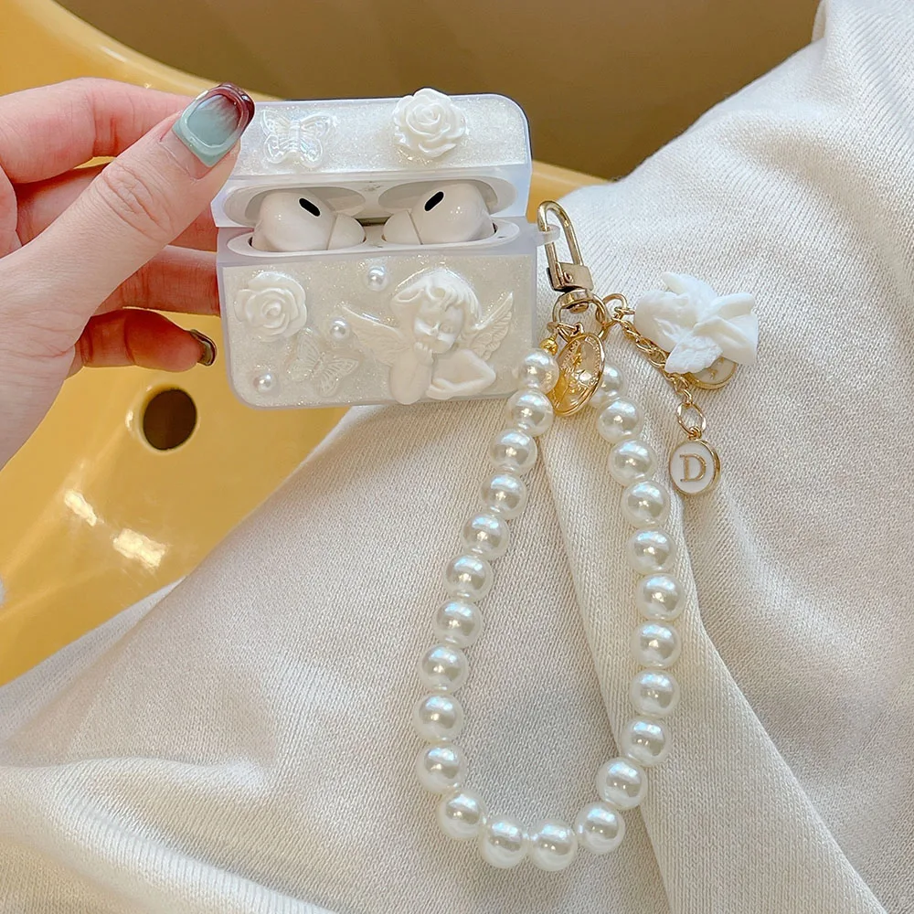 INS Flower Butterfly Angel Gem Epoxy Earphone Case with Pearl Bracelet For Apple Airpods 1 2 3 Pro 2nd Headset Protective Cover