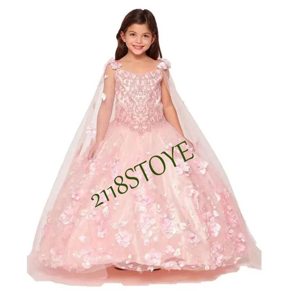 Pink Princess Ball Gown Girl Dress First Communion Prom Costumes Dresses Flower Pleat Lace Tulle Floral Appliques