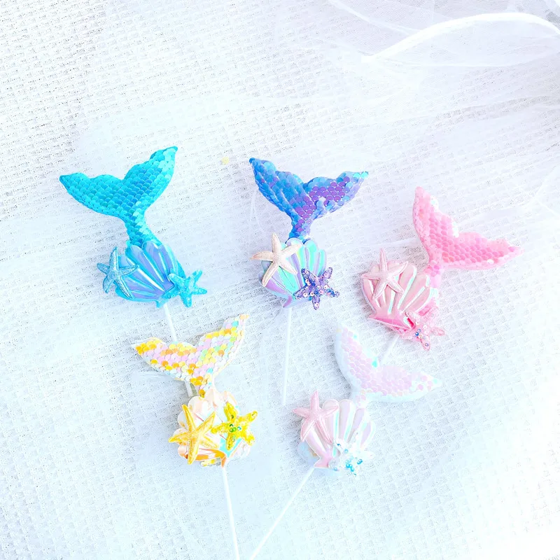 Sea Star Mermaid Tail Cake Flags Rainbow Color Cupcake Birthday Cake Topper Wedding Party Baby Shower Cake Baking Decor