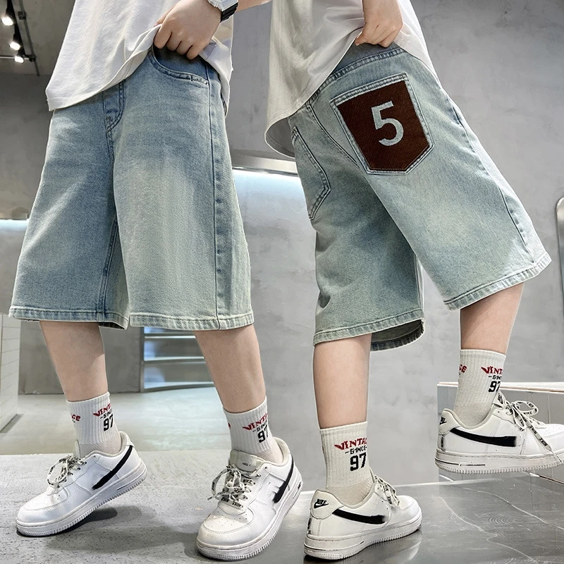 Boy's Denim Shorts New Fashion Solid Color Short Jeans Kids Casual Summer Bottoms Boy's Knee-Length Pants For Teenager Age 5-14Y