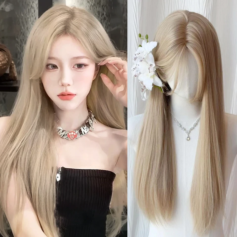

Long Straight Synthetic Wig Golden Middle-part Heat-Resistant Natural Smooth Hair Stylish Party Bangs Wigs For Women