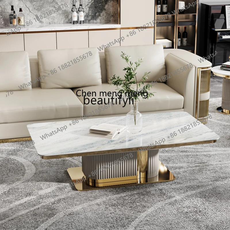 

E153 Italian Style Light Luxury Long Coffee Table Hong Kong Style Postmodern Coffee Table Metal Living Room Marble Long Coffee T