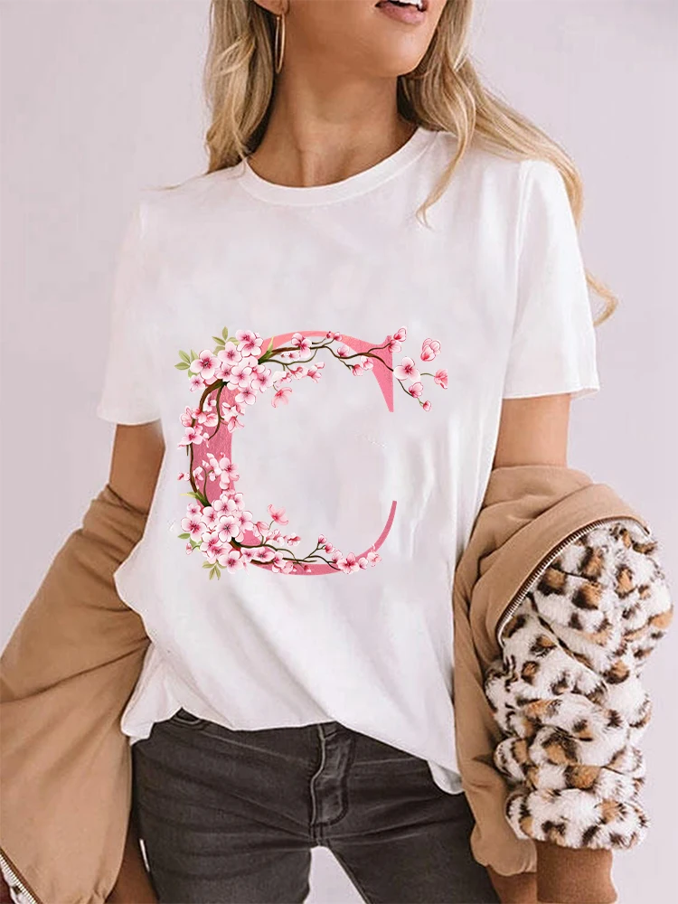 Camisetas Vintage de Verano con Estampado de Sakura Rosa para Mujer, Cuello Redondo, Manga Corta, Estética Floral, 26 Letras, Ropa Urbana, Moda Femenina, Tops Y2K