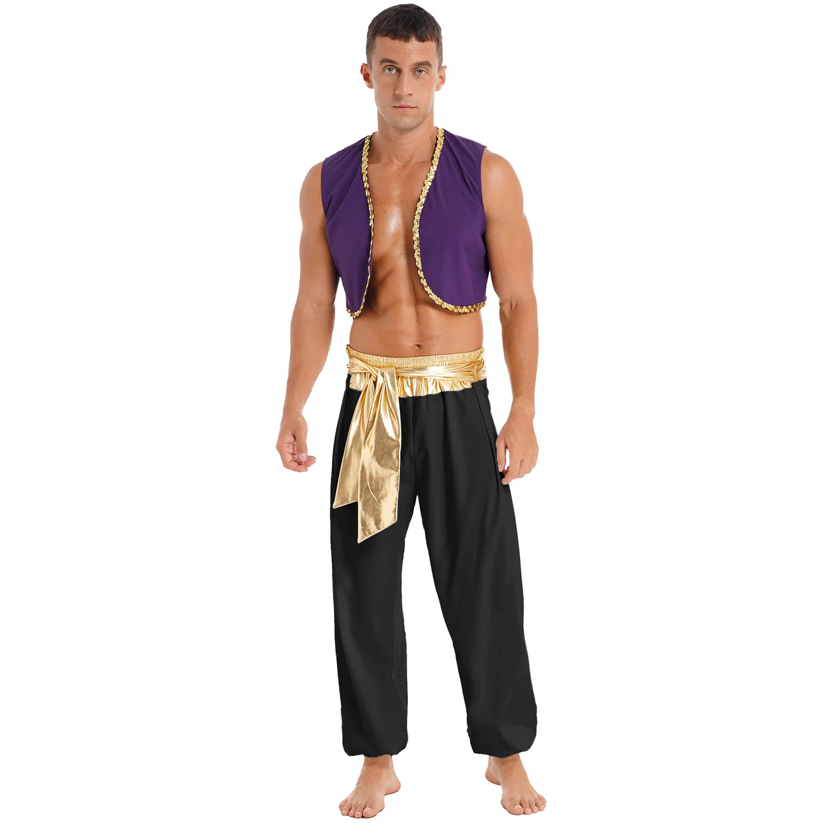 Mens Halloween Arabian Prince Costume Mythical Aladin Party Cosplay Fancy Dress Outfit Sequin Trim Waistcoat with Belted Pants