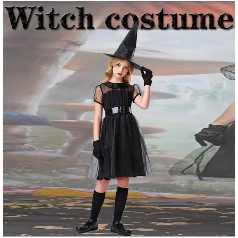 魔女コスチューム、魔女ロールプレイングコスチューム、女性用黒ドレス、帽子、ハロウィーンカーニバルパーティーコスチューム