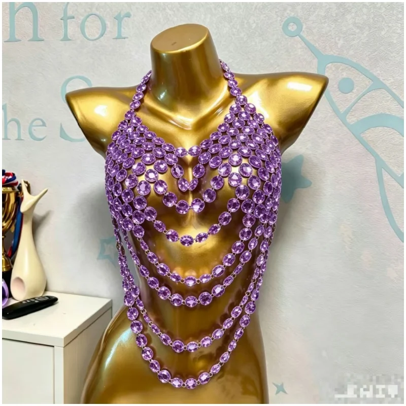 Luxuriöses Großes Kristall-Strass-Bodytop mit Neckholder und Mehrschichtigen Fransen, Sexy Kristall-Bodychain-Weste für Festivals – Detail 7