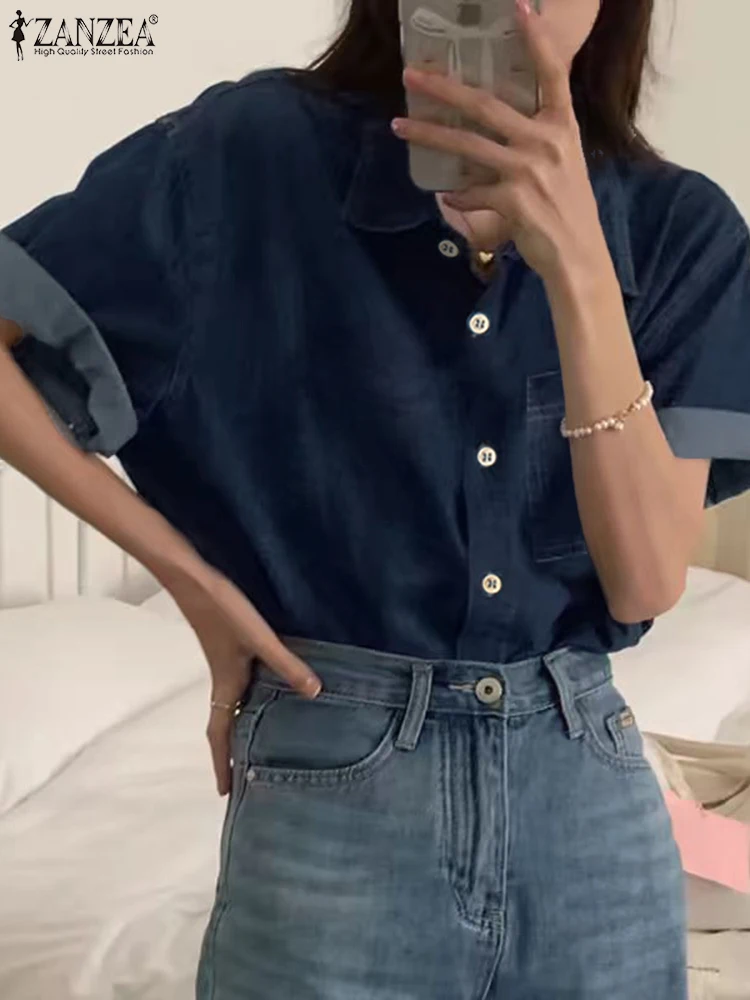 ZANZEA 여성 패션 데님 셔츠, 라펠 넥 반팔 상의, 빈티지 버튼 튜닉, 캐주얼 루즈 블라우스, 스트리트웨어, 2024 여름 