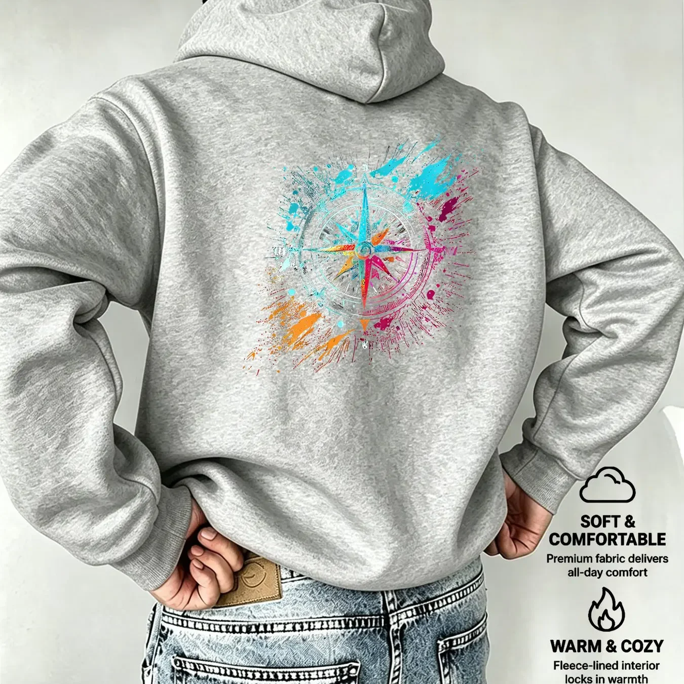 Men Colorful Splash‑Paint Compass Back‑Print Hoodie Nautical Watercolor Compass Graphic Casual Pullover Sweatshirt