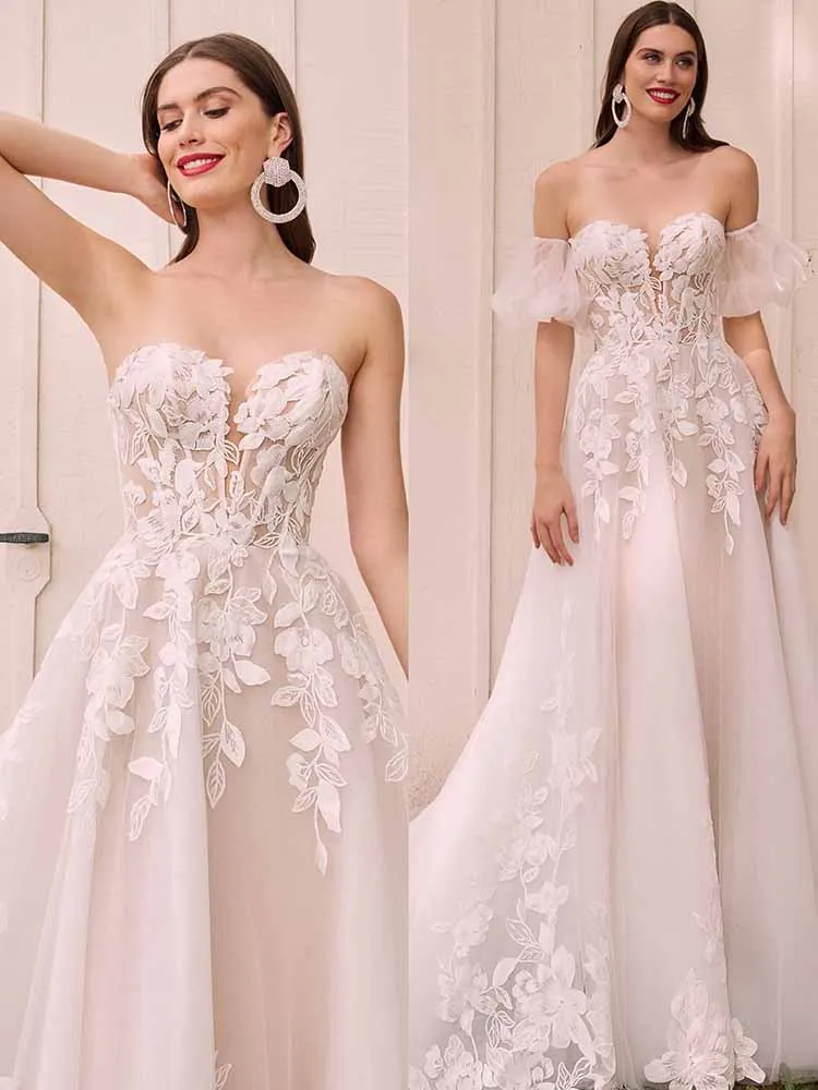 Pastrol Wedding Dresses Women Lace A-line Wedding Party Dresses Ivory Sweetheart Applique Ruched Puff Sleeve Wedding Dress Long