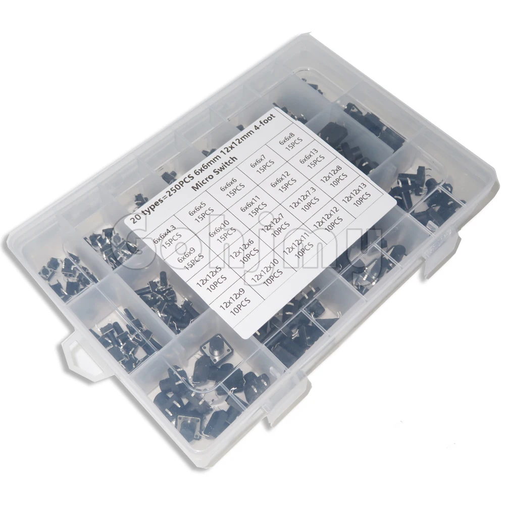 250PCS 20value 6x6mm / 12x12mm 4-foot Micro Switch key switch light touch switch button switch Self-reset DIP Switches